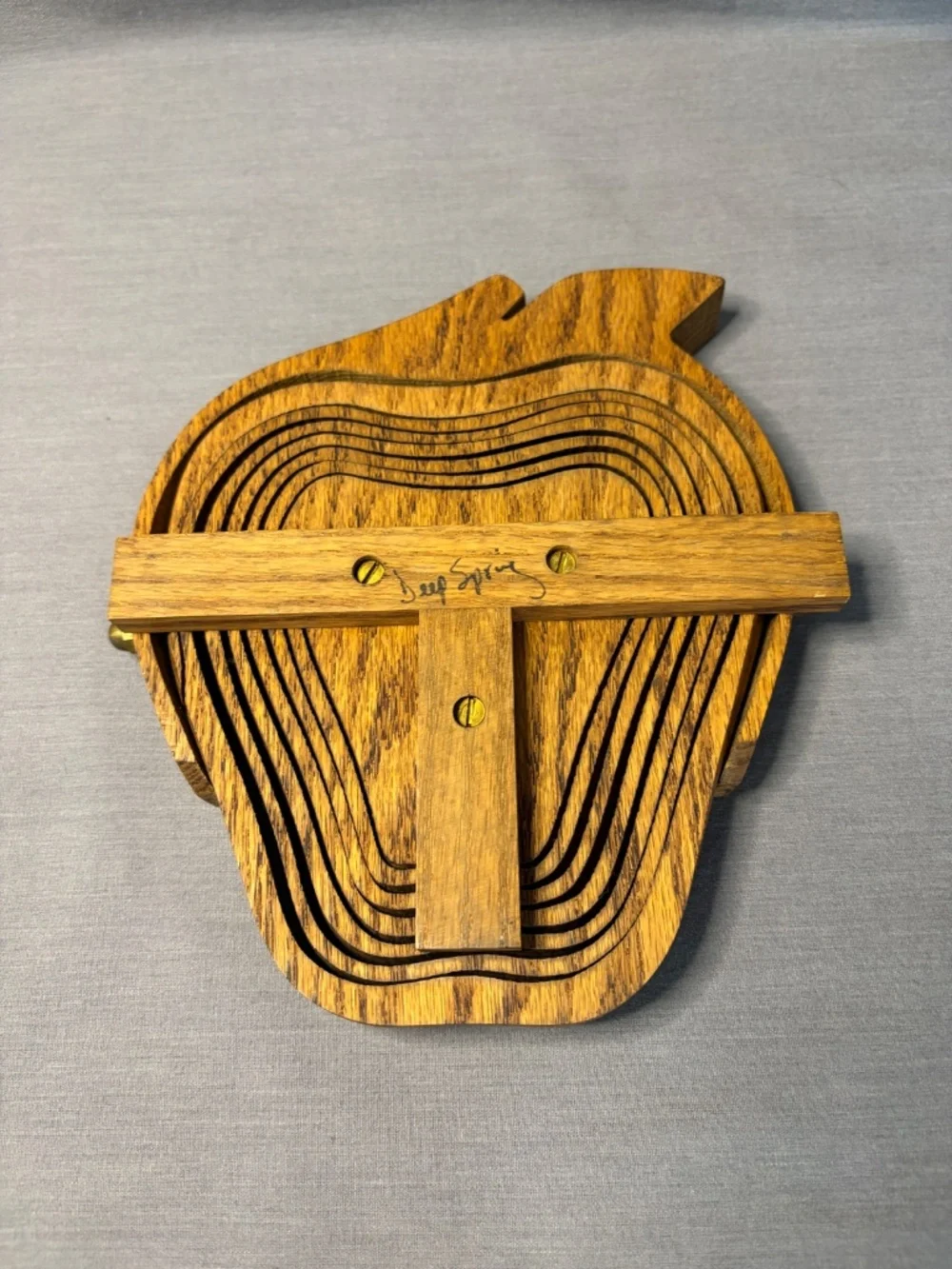 Vintage Handmade Collapsible Wooden Bowl Basket Trivet Apple Shape Deep Spring